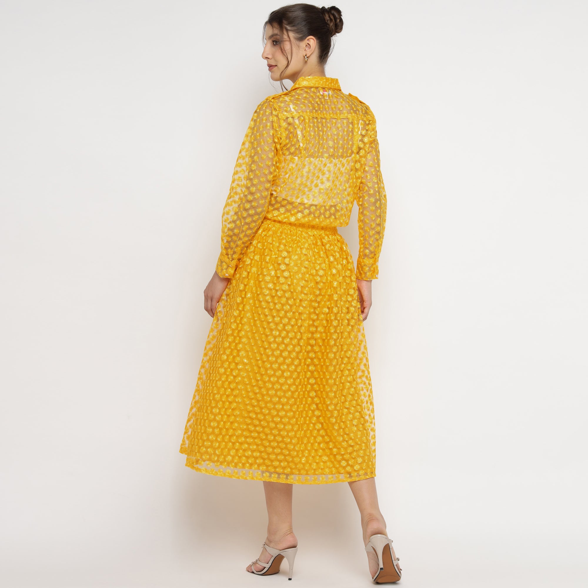 Sunshine Yellow Embroidered 3-Piece Co-ord Set (Shirt, Inner Top & Skirt)